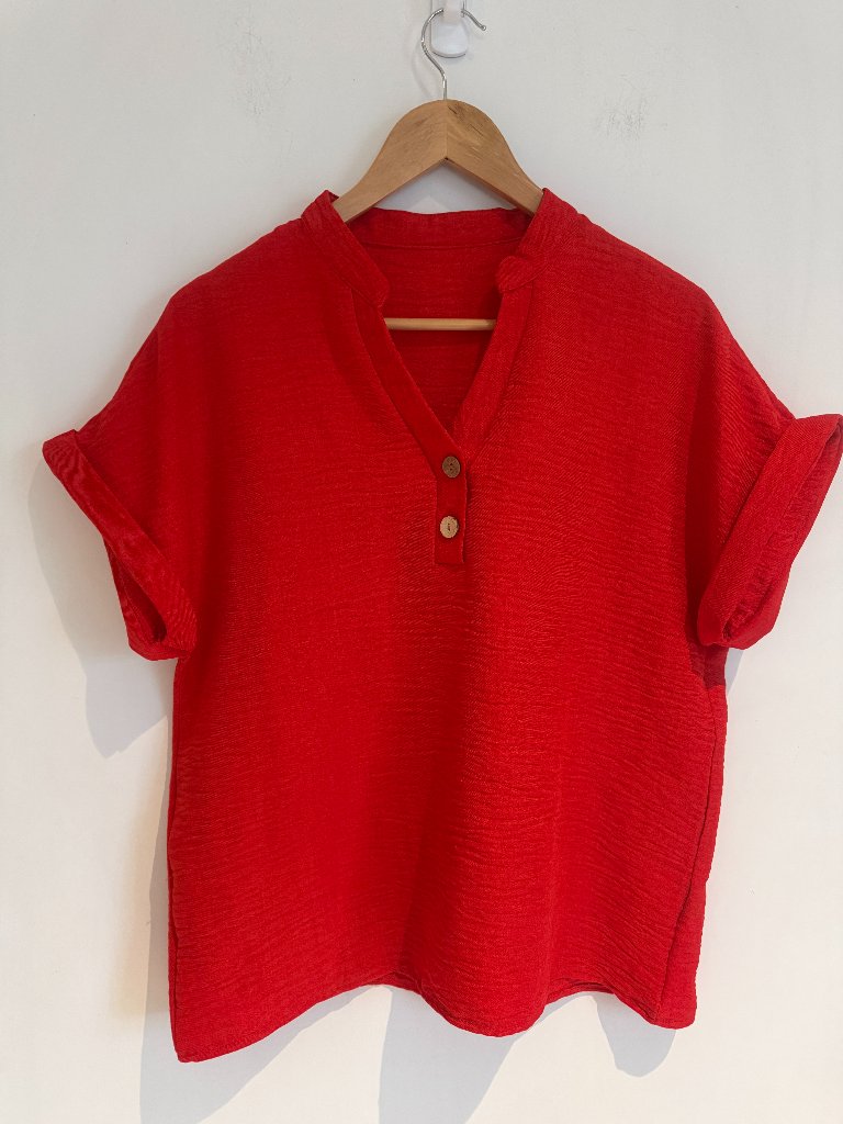 Women Red V Neck Short Rolled Dolman Sleeves Pullover Blouse Top Size L